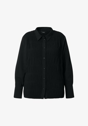 Sort langærmet skjorte med knapper, spids krave og tekstureret vandret rysning på frontpanelet.