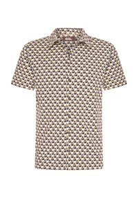 Kortaf shirt met knopen in een crème en donkerblauw patroon van overlappende ovalen, met een klassieke kraag en houten knopen.