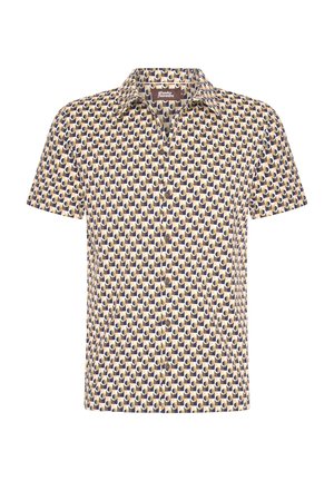 Short-sleeve button-up shirt with a cream and dark blue pattern of overlapping ovals, featuring a classic collar and wooden buttons.