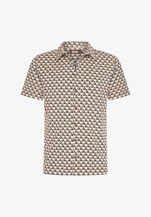 Kortaf shirt met knopen in een crème en donkerblauw patroon van overlappende ovalen, met een klassieke kraag en houten knopen.