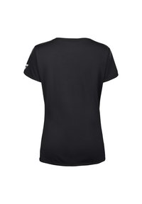 Camiseta negra de manga corta con cuello redondo. Tejido suave y silueta ajustada, con un detalle del logo en la manga izquierda.