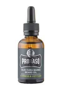 Ambra glasflaska med svart droppkork, med en grå etikett med vit och grön text. Produkten är Proraso skäggolja.