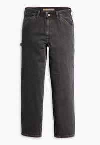 Pantalones vaqueros de corte recto negros con cierre de botón, trabillas para cinturón y múltiples bolsillos, exhibidos sobre un fondo blanco.