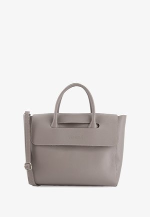 Grau Lederhandtasche mit strukturiertem Design, Obergriffen und abnehmbarem Schulterriemen. Mit subtiler Körnermusterung und Klappenverschluss.