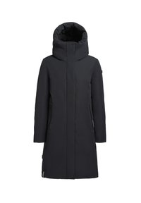 Manteau noir isolé avec un col haut, une grande capuche et deux poches latérales. Texture lisse, design jusqu'aux genoux, style minimaliste et fonctionnel.