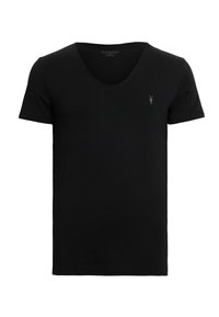 Camiseta de algodón negro de manga corta y cuello en V, con un pequeño logo gris en el pecho; textura suave con un ajuste clásico.