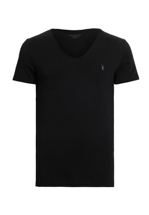 Camiseta de algodón negro de manga corta y cuello en V, con un pequeño logo gris en el pecho; textura suave con un ajuste clásico.