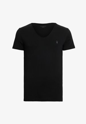 Svart kortärmad V-ringad t-shirt tillverkad av mjuk bomull, med en liten grå logotyp på bröstet; slät textur med en klassisk passform.