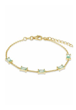 Delicato bracciale a catena d'oro con cinque pietre preziose rettangolari verde chiaro distribuite uniformemente e una chiusura a moschettone con maglie regolabili.