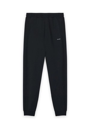 Pantaloni jogger neri a gamba affusolata con vita e polsini elastici, caratterizzati dal piccolo logo "Lyle & Scott" sulla coscia destra.