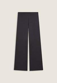 Pantaloni a gamba larga in tessuto grigio scuro, con una texture liscia e una vita elastica. Nessun motivo visibile o dettagli in metallo.