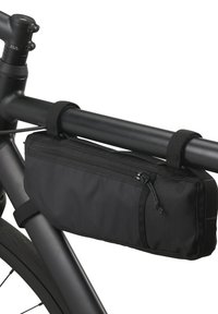 Schwarze Fahrradrahmentasche aus strapazierfähigem Material, ausgestattet mit einem Reißverschlussfach und verstellbaren Riemen für eine sichere Befestigung am Lenker.