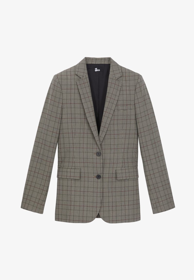 Blazer à motif carreaux gris avec des accents rouges, comprenant un col cranté, deux boutons sur le devant et des poches latérales doubles. Texture de tissu lisse.