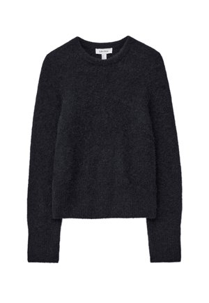 Dark gray sweater made from soft, fuzzy material. Features a round neckline and long sleeves with a relaxed, cropped fit.