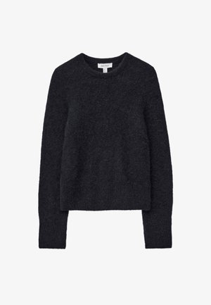 Dark gray sweater made from soft, fuzzy material. Features a round neckline and long sleeves with a relaxed, cropped fit.