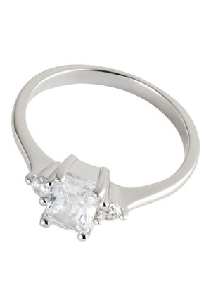 Silver ring with a large square-cut clear gemstone flanked by two smaller round clear gemstones on each side.