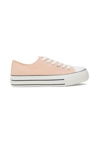 Zapatilla de lona rosa con puntera de goma blanca, seis ojales metálicos y suela a rayas negras. Diseño de perfil bajo con forma redondeada.