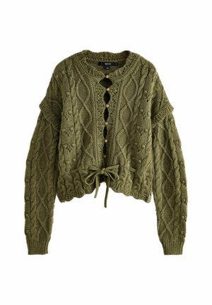 Olivgrüner Strickcardigan mit strukturiertem Muster, rundem Ausschnitt, frontaler Knopfleiste und verstellbarem Bindeband in der Taille.