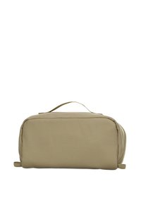 Beżowa prostokątna torba podróżna wykonana z miękkiego materiału, z górnym uchwytem i zapięciem na zamek, charakteryzująca się gładką teksturą i minimalistycznym designem.