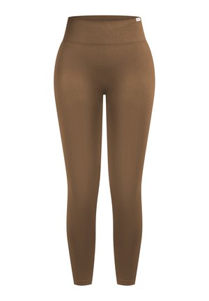 Leggings marron sans coutures à taille haute avec une large ceinture côtelée, longueur cheville, et une petite étiquette blanche de marque en haut à droite.
