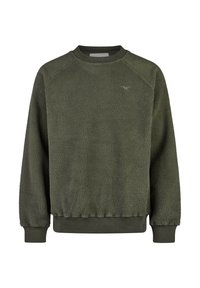 Grüner Fleece-Pullover mit strukturierter Oberfläche, Raglanärmeln, gerippten Bündchen und Saum. Mit kleinem Logo auf der Brust.