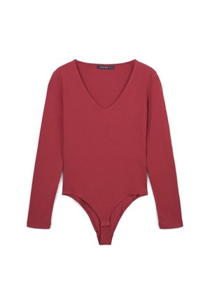Body a maniche lunghe di colore rosso scuro, con scollatura a V profonda, vestibilità aderente e tessuto morbido e elasticizzato con fondo a perizoma.