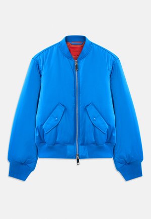 Blaues Bomberjacke aus glattem, leichtem Material. Verfügt über einen Frontreißverschluss, zwei seitliche Taschen und gerippte Bündchen und Saum.