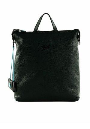 Sac en cuir noir avec surface texturée, fermeture éclair, poignée supérieure et un accent bleu contrastant sur la tirette de la fermeture.