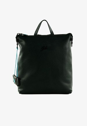 Sac en cuir noir avec surface texturée, fermeture éclair, poignée supérieure et un accent bleu contrastant sur la tirette de la fermeture.
