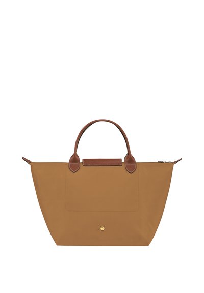 Brown nylon tote bag with a structured design, featuring leather accents, dual top handles, and a zip closure. Notable front pocket detail.