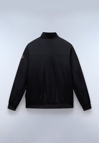 Veste noire à manches longues avec col montant, ourlet et poignets élastiqués, et un écusson circulaire sur la manche supérieure gauche, vue de dos.