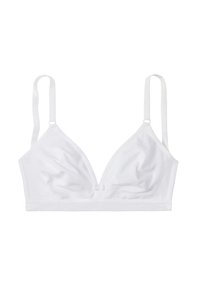 Bralette en coton blanc avec des bonnets triangulaires, des bretelles réglables et une bande logo discrète sur le bas. Tissu doux et design simple.
