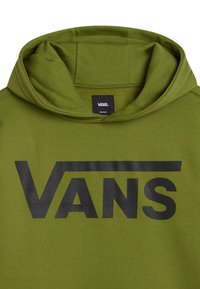 Felpa verde oliva con un grande logo nero "VANS" sul frontale, dotata di cappuccio con lacci e tessuto morbido e strutturato.