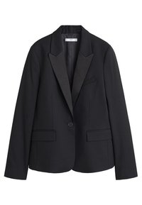 Blazer nero con una vestibilità su misura, revers a punta, chiusura con un solo bottone e due tasche frontali. Tessuto dalla texture liscia.