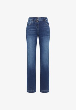 Ciemnoniebieskie dżinsy z denimu o prostych nogawkach, zapięciem na dwa guziki i klasycznym stylem z pięcioma kieszeniami oraz kontrastowymi przeszyciami.