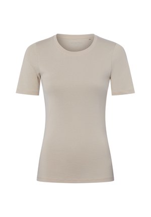 Beige short-sleeve fitted t-shirt with round neckline shown against a white background.