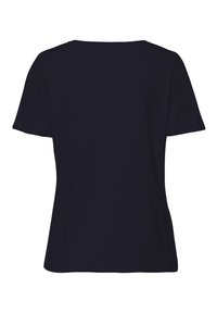 Schwarzes T-Shirt mit kurzen Ärmeln und rundem Halsausschnitt, aus glattem Stoff. Einfaches Design ohne Verzierungen oder Muster.