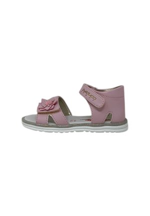 Sandali in pelle rosa con un accento floreale, cinturino in Velcro, design aperto e suola in gomma bianca con un delicato dettaglio glitter.