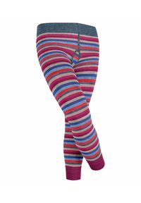 Leggings a righe con colori vari, tra cui rosa, viola, blu e grigio, con un elastico in vita grigio scuro e una texture a coste.