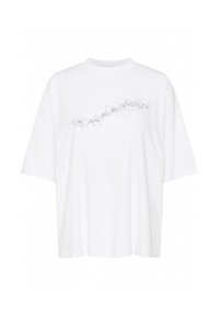 Witte T-shirt van katoen, met een decoratief zwart gespikkeld patroon over de voorkant, met korte mouwen en een ontspannende pasvorm.