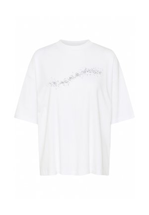 Vit T-shirt i bomull med ett dekorativt svart prickigt mönster över framsidan, med korta ärmar och en avslappnad passform.