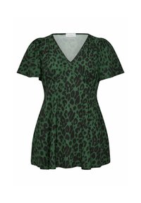 Top verde con stampa leopardata nera. Presenta maniche a sbuffo corte e scollatura a V. Il tessuto ha una consistenza morbida e liscia. Design con orlo svasato.