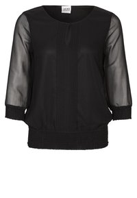 Svart blus med trekvartssheerärmar, rund halsringning, framtill veck och resårmidja för en avslappnad passform.