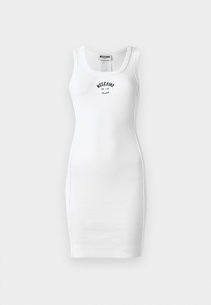 Biała, bezrękawnikowa sukienka bodycon z prążkowanej tkaniny. Posiada okrągły dekolt i czarny nadrukowany logo. Dopasowana sylwetka, długość do kolan.