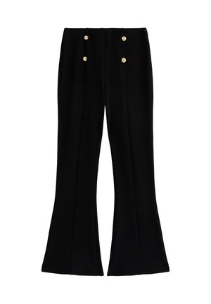 Black flared pants with a smooth texture, featuring two gold buttons at the front and a tailored design for a structured fit.