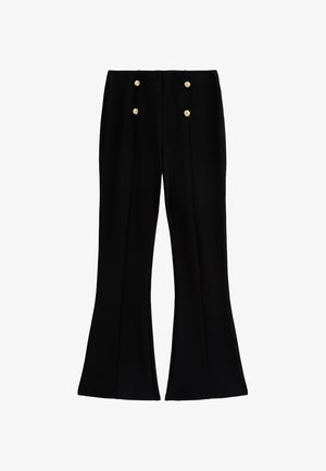 Pantaloni neri a campana con una texture liscia, caratterizzati da due bottoni dorati sul davanti e un design sartoriale per una vestibilità strutturata.