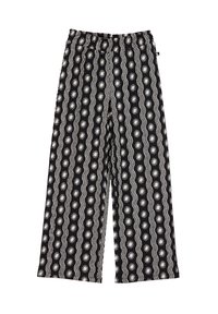 Crno-bijele široke hlače s valovitim uzorkom i motivima sunca. Elastična pojasnica, mekana tekstura i slobodan kroj.