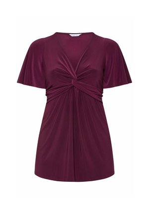 Blommefarvet kortærmet top med V-hals og snoet knudedetalje ved brystet, lavet af blødt, flydende stof.