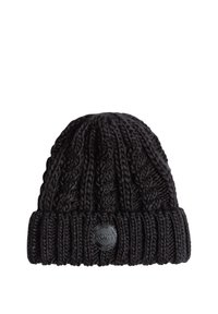 Black knitted beanie with a ribbed cuff, featuring a textured pattern. Includes a round black leather logo patch.
