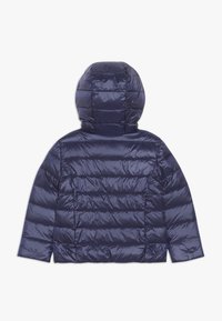Navy blue, puffy jacket with a hood; made from shiny, quilted material; features horizontal stitching throughout for insulation.